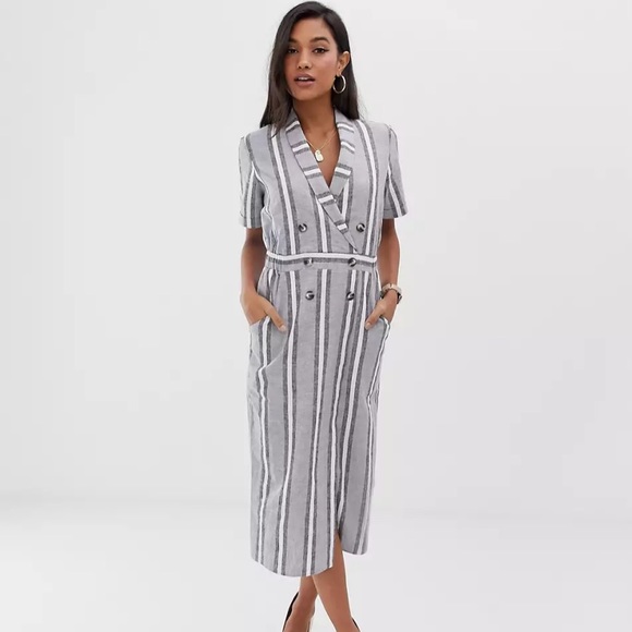ASOS DESIGN tux midi dress in natural stripe - Picture 2 of 4